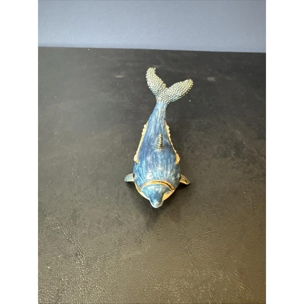 Enamel Trinket Box Blue Dolphin Porpoise Fish Rhinestones Ocean Beach‎ 3 1/2